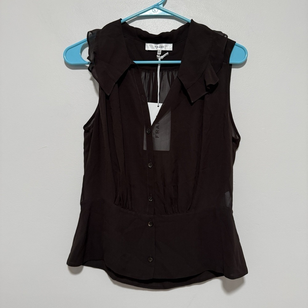 Frame NWT Sheer Espresso Brown Ruffle Collar Silk Blouse Size Small Sample